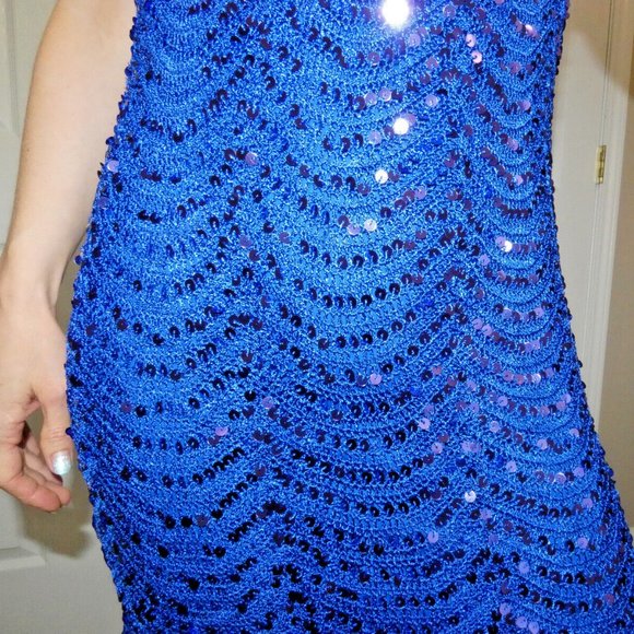 Blue PROM Dress Size 8 Crochet Lace Sequins Rare Sexy British Statement Gorgeous - Picture 2 of 12